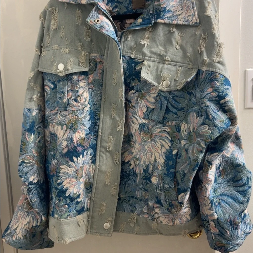 Floral Patchwork Jean Jacket in Blue and Green - Picture 1 of 3